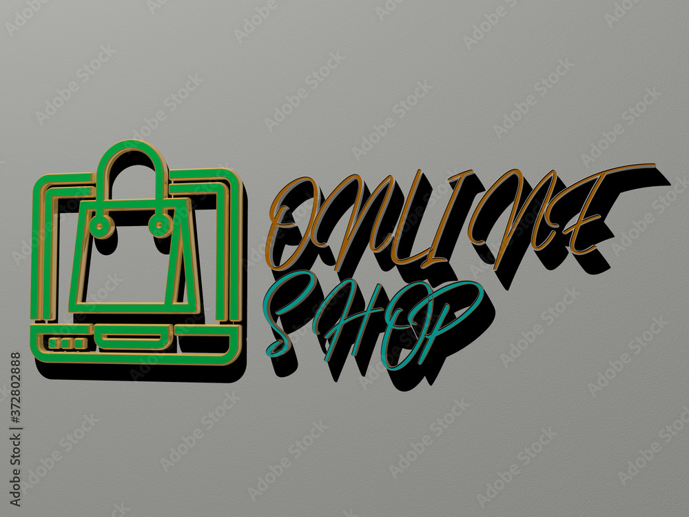 Fototapete 3d illustration of online shop graphics and text made by metallic dice letters for the related meani