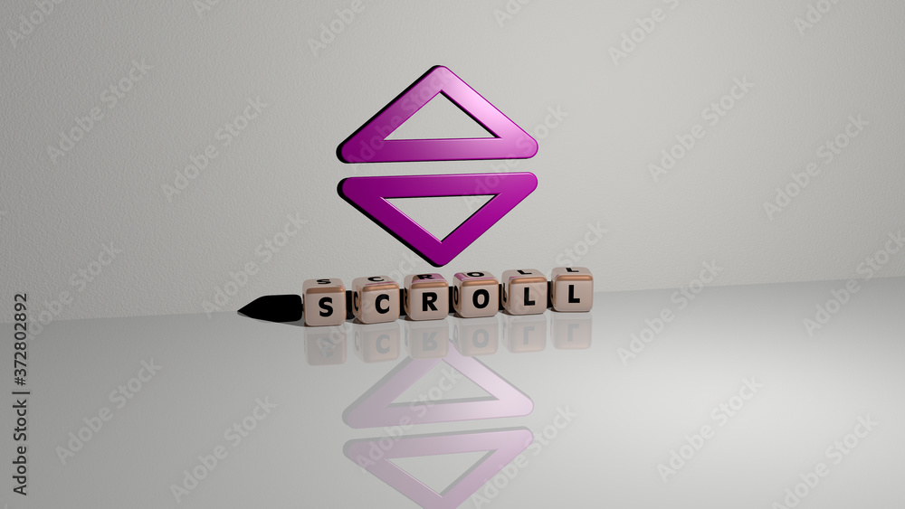Poster scroll text of cubic dice letters on the floor and 3d icon on the wall, 3d illustration for backgrou