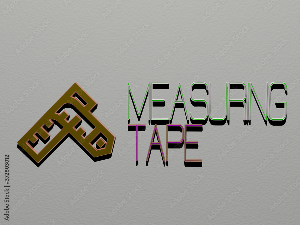 Poster 3d representation of measuring tape with icon on the wall and text arranged by metallic cubic letter