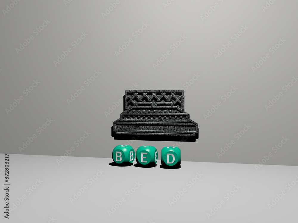 Poster 3d graphical image of bed vertically along with text built by metallic cubic letters from the top pe