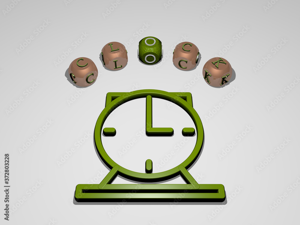 Poster clock circular text of separate letters around the 3d icon, 3d illustration for background and alarm