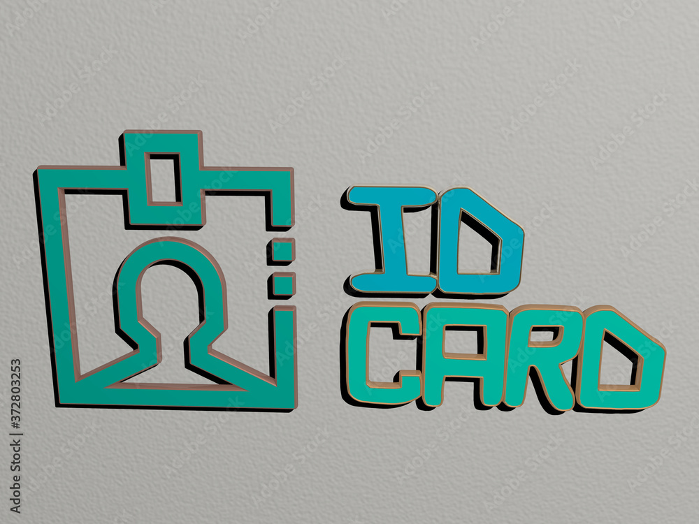 Poster 3d representation of id card with icon on the wall and text arranged by metallic cubic letters on a 