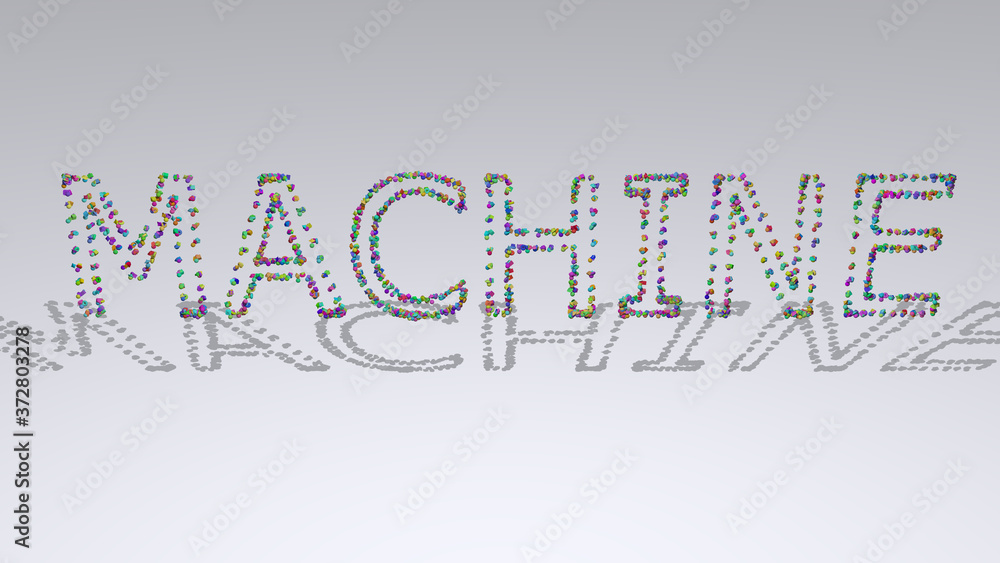 Poster colorful 3d writting of machine text with small objects over a white background and matching shadow 