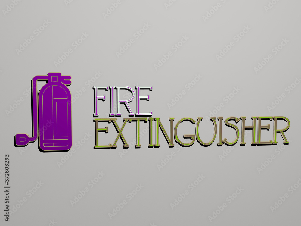 Poster 3d graphical image of fire extinguisher vertically along with text built by metallic cubic letters f