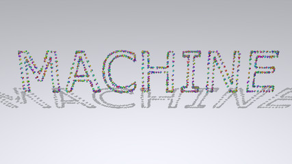 Colorful 3D writting of machine text with small objects over a white background and matching shadow for illustration and equipment