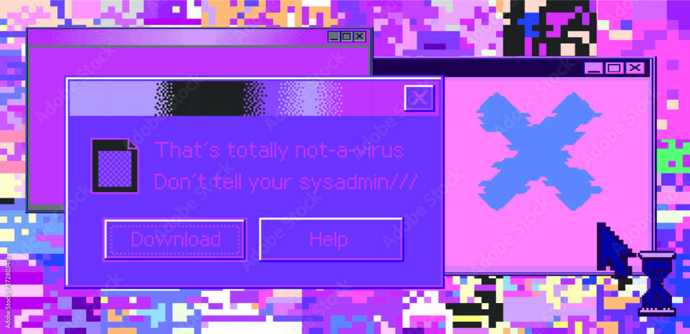 Poster Conceptual illustration of a virus programm, malware, hacker attack. Infected computer screen with warning messages and buggy and glitchy pixels.