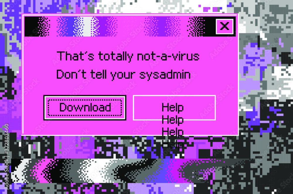 Poster Conceptual illustration of a virus programm, malware, hacker attack. Infected computer screen with warning messages and buggy and glitchy pixels.