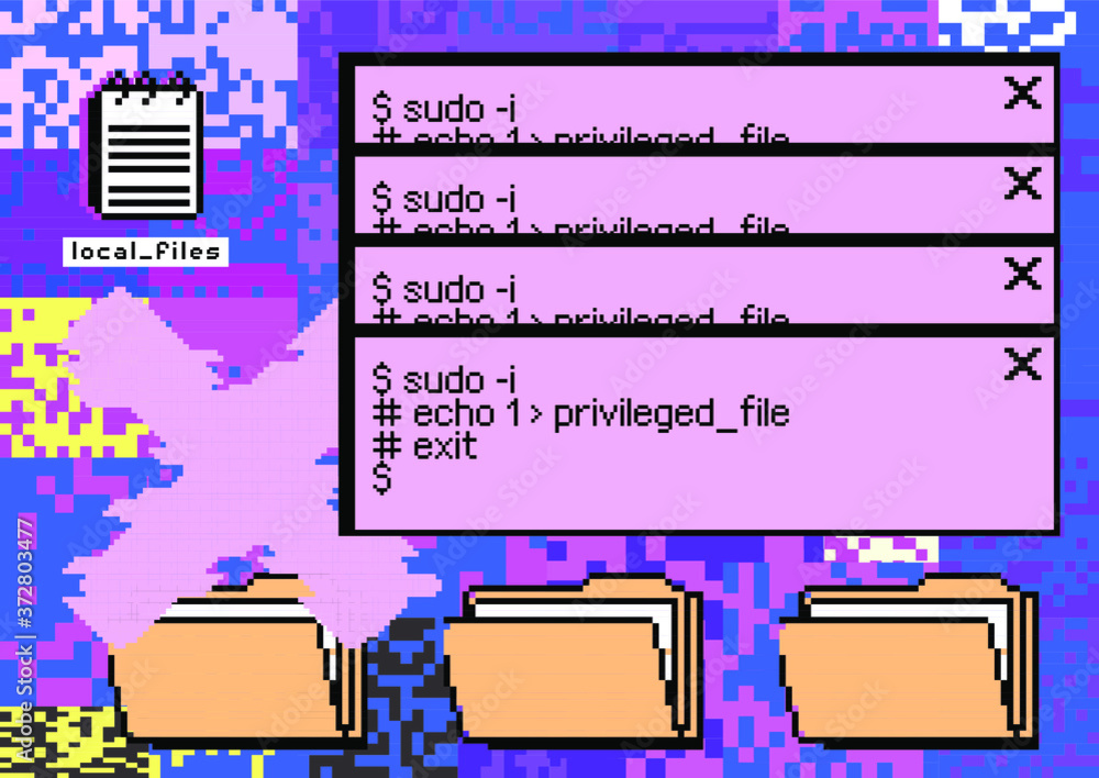 Fototapete Conceptual illustration of a virus programm, malware, hacker attack. Infected computer screen with warning messages and buggy and glitchy pixels.