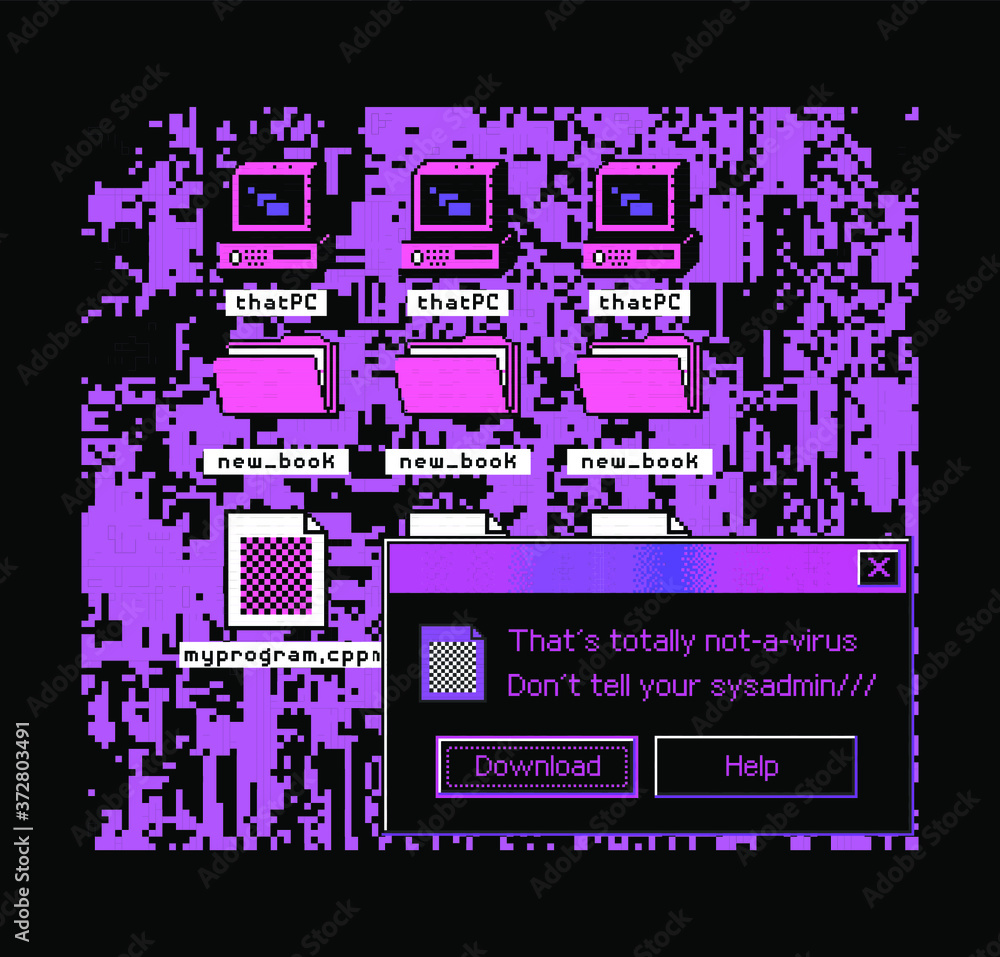 Poster Conceptual illustration of a virus programm, malware, hacker attack. Infected computer screen with warning messages and buggy and glitchy pixels.