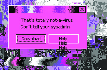 Conceptual illustration of a virus programm, malware, hacker attack. Infected computer screen with warning messages and buggy and glitchy pixels.