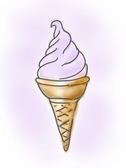 Waffle cone with pink strawberry or raspberry ice cream. Sketch style illustration.