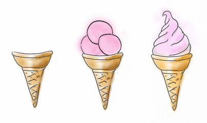 Assorted waffle cone with pink strawberry or raspberry ice cream. Sketch style illustration.