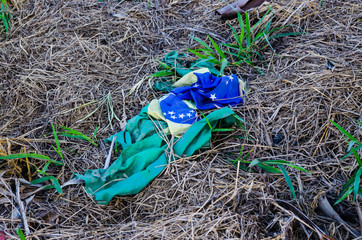 Brazilian flag torn, dirty and rolled up like garbage on dry foliage