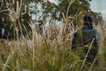 Man with his back turned in the middle of rushes. Autumn fall. Copy space. Inspirational concept