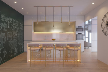 3D illustration of a kitchen with day lighting