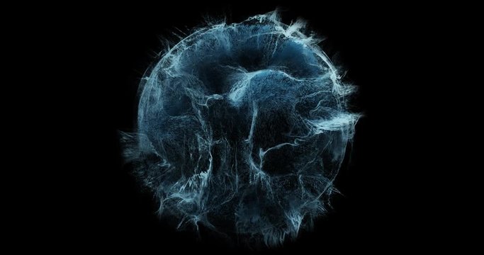Abstract fluid, plasma sphere. particles flowing around sphere, magnetic lines. Turbulent clouds, dust , water burst swirling around ball. Perfect for overlay and logos. 4K seamless loop, 3D render