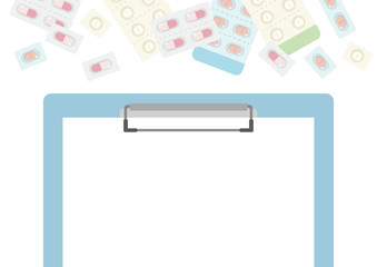 薬とブルーのクリップボード 背景素材（A4、A3横比率）
