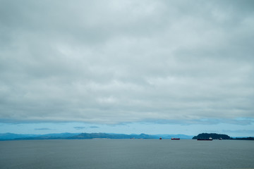 Expansive view of the Columbia River as seen from Astoria, Oregon, with ships and boats in the water