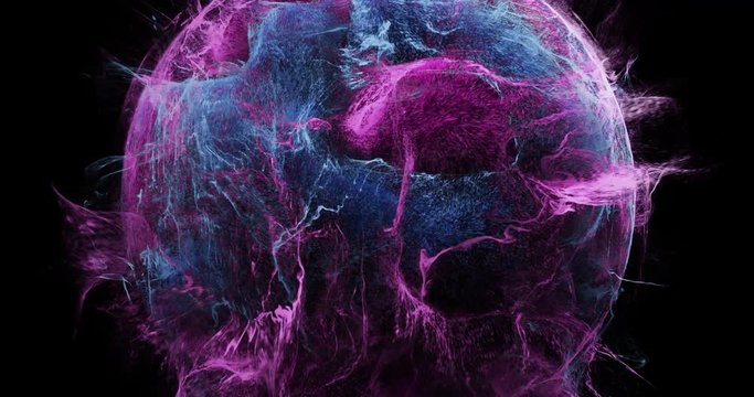 Abstract explosion of colors, particle flowing in a sphere.  Energy moving through space and time. magic and fluid effect for logo and overlay. 3D render 4K loop