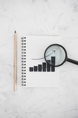 business analysis and statistics, desk with mixed graphs and charts on notebook with magnifying...