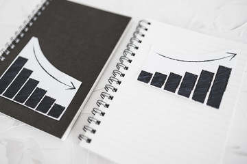 business analysis and statistics, positive and negative trends on graphs on notebooks