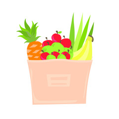 Paper bag with food, fruits. Home delivery of groceries, online add-on.