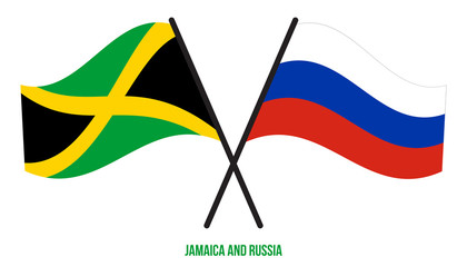 Jamaica and Russia Flags Crossed And Waving Flat Style. Official Proportion. Correct Colors.