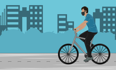 Man riding bicycle wearing mask. Coronavirus prevention - Vector