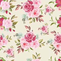 Hand drawn floral and leaves seamless pattern design
