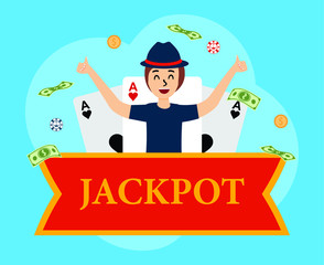 Win Jackpot, PLaying card, happy people flat design