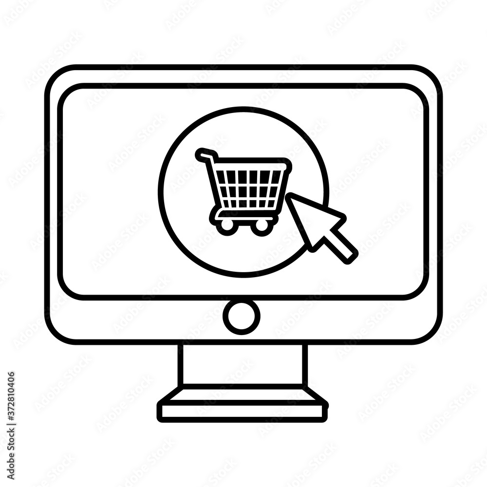 Poster desktop with shopping cart and mouse arrow line style icon