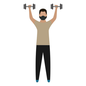 Man lifting weights wearing face mask - Vector illustration