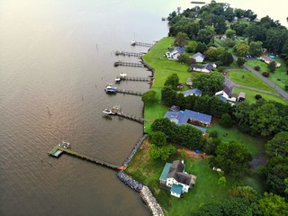 The aerial view of the waterfront homes with a private dock near Newburg, Maryland, U.S.A