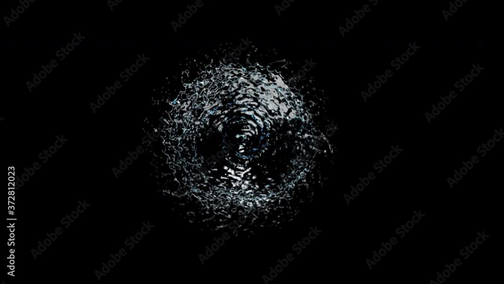 Poster flow liquid like water spins into a whirlpool or a tornado on top view. selective focus. 3d animatio