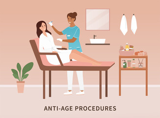 Woman in a salon having anti ageing procedures or treatments with a beautician applying a herbal face mask, colored vector illustration