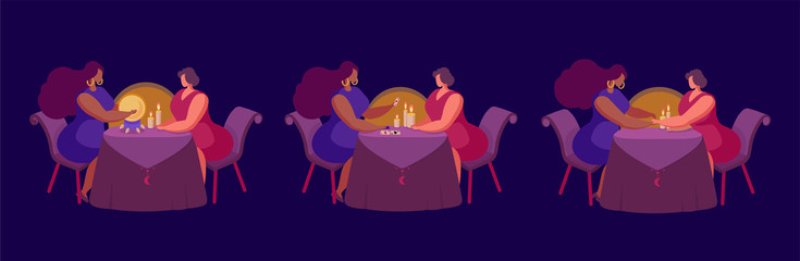 Mystical illustration showing fortune telling on a crystal ball, fortune telling on cards, palmistry. The fortuneteller predicts the future of a woman at the table. Attributes of occultism and magic