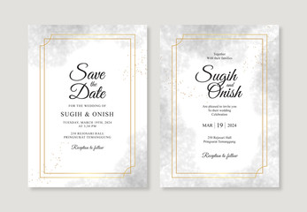 Elegant wedding invitation template with gold frame and watercolor sponge splash