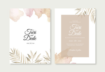 Elegant wedding invitation template with plant watercolor and splashes