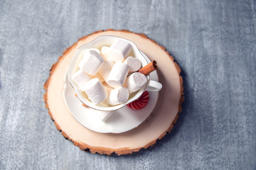 Christmas and new year decoration with cup of coffee with marshmallow