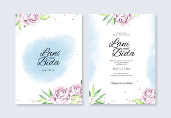 Wedding invitation template with watercolor flower and splashes