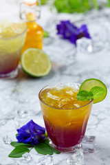 Healthy drink, organic blue pea flower tea with lemon and lime.