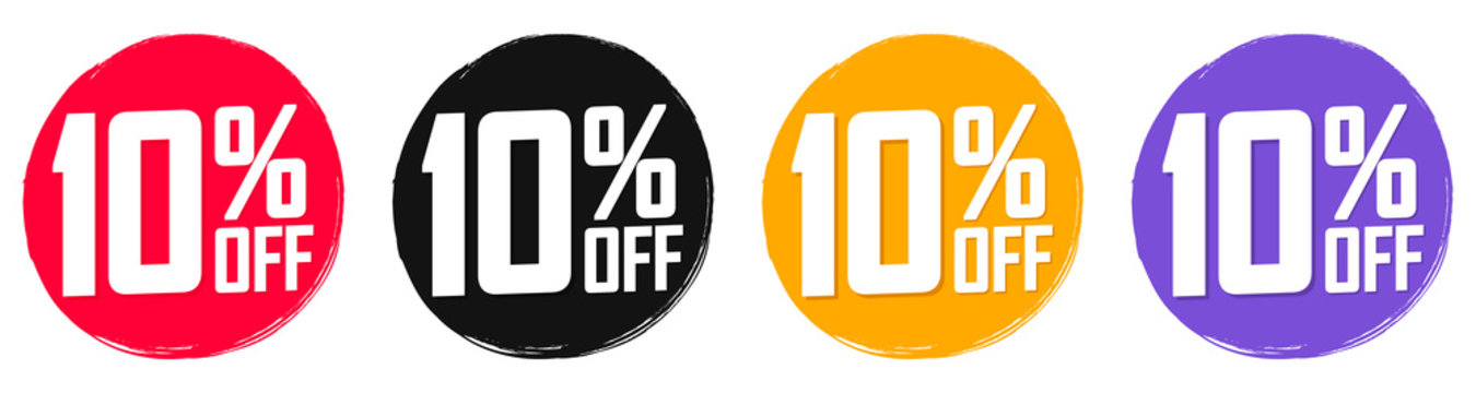 Set Sale 10% off banners, discount tags design template, extra promo, brush grunge, app icons, vector illustration