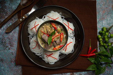 Rice Noodles, Chicken Green Curry, Coconut Milk Thai Food.