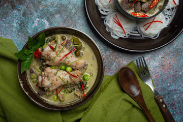 Rice Noodles, Chicken Green Curry, Coconut Milk Thai Food.