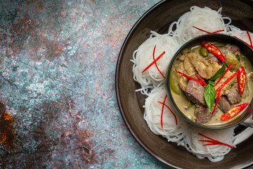 Rice Noodles, Chicken Green Curry, Coconut Milk Thai Food.