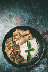 Rice Noodles, Chicken Green Curry, Coconut Milk Thai Food.