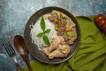 Rice Noodles, Chicken Green Curry, Coconut Milk Thai Food.