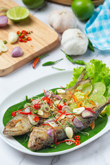 Hot and Spicy Mackerel Decorated with Thai food ingredients, World Food Day.