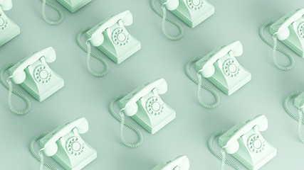 Many old vintage phone with twisted wires. Repeated objects pattern. Retro technology on pastel...