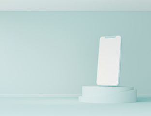 3d rendered pastel blue background with smartphone on round stand. Device screen mockup on minimal background for presentation or application design show.